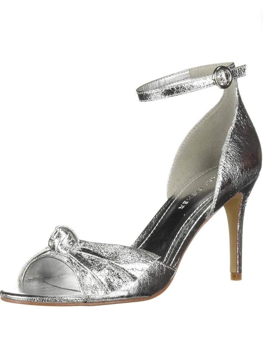 New Marc Fisher Silver Metallic Ankle-Strap Peep-Toe Heel